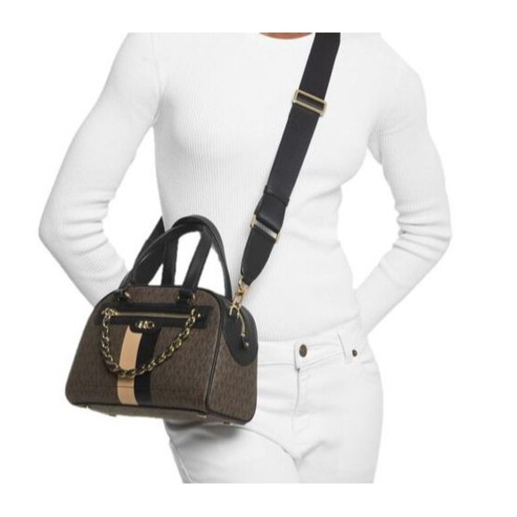 MICHAEL KORS Williamsburg Small MK Logo Satchel HandBag Brown Camel Gold NWT - Picture 3 of 7